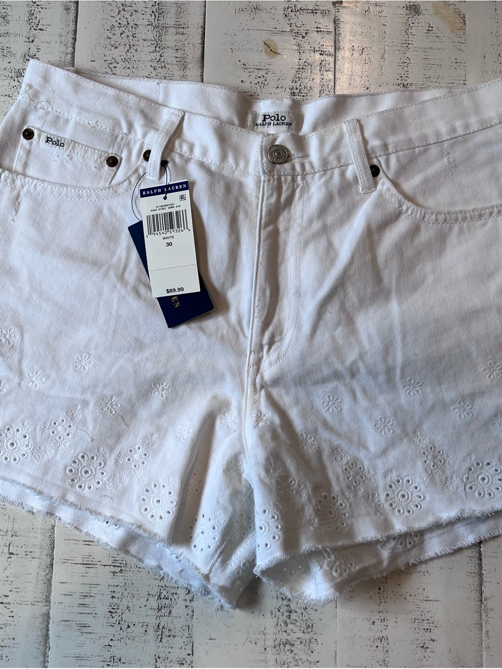 Polo by Ralph Lauren White Eyelet Floral Denim Shorts